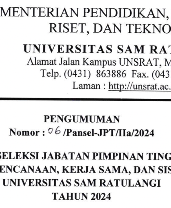 Pengumuman Hasil Akhir Seleksi Jabatan Pimpinan Tinggi Pratama Kepala Biro Perencanaan, Kerjasama dan Sistem Informasi UNSRAT